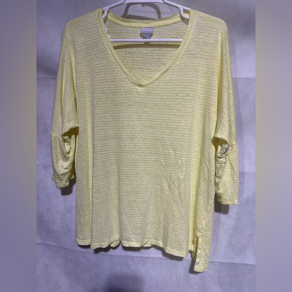 Chicos Womens 100% Linen Top Sz 2 / L Yellow Striped V Neck Dolman Sleeve Boxy